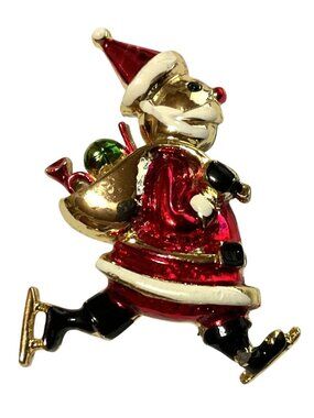 Vintage Beatrix Enamel Santa Ice Skating Brooch Pin Gold-Tone Red Green Accents